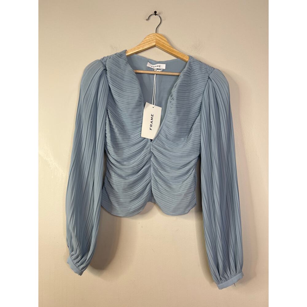 NWT Frame Pleated Billow Sleeve V-Neck Long Sleeve Blouse Top Chambray Blue - Picture 2 of 8